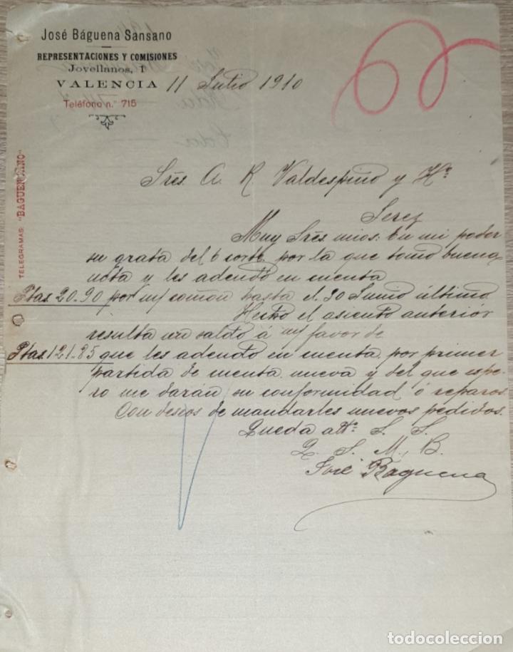 Lettres commerciales: Carta comercial. Jos&eacute; B&aacute;guena Sansano. Representaciones y Comisiones. Valencia. Espa&ntilde;a 1910