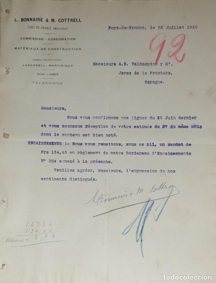 Lettres commerciales: Carta comercial. L Bonnaire & M. Cottrell. Commission-Consignation. Fort de France 1910