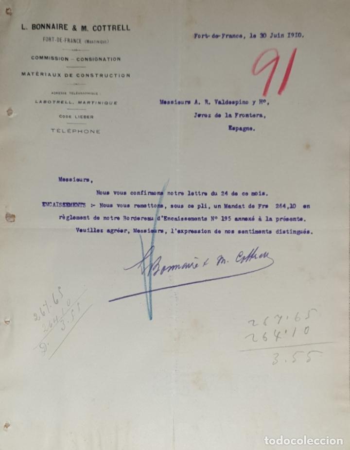 Lettres commerciales: Carta comercial. L. Bonnaire & M. Cottrell. Commission-Consignation. Fort de France 1910