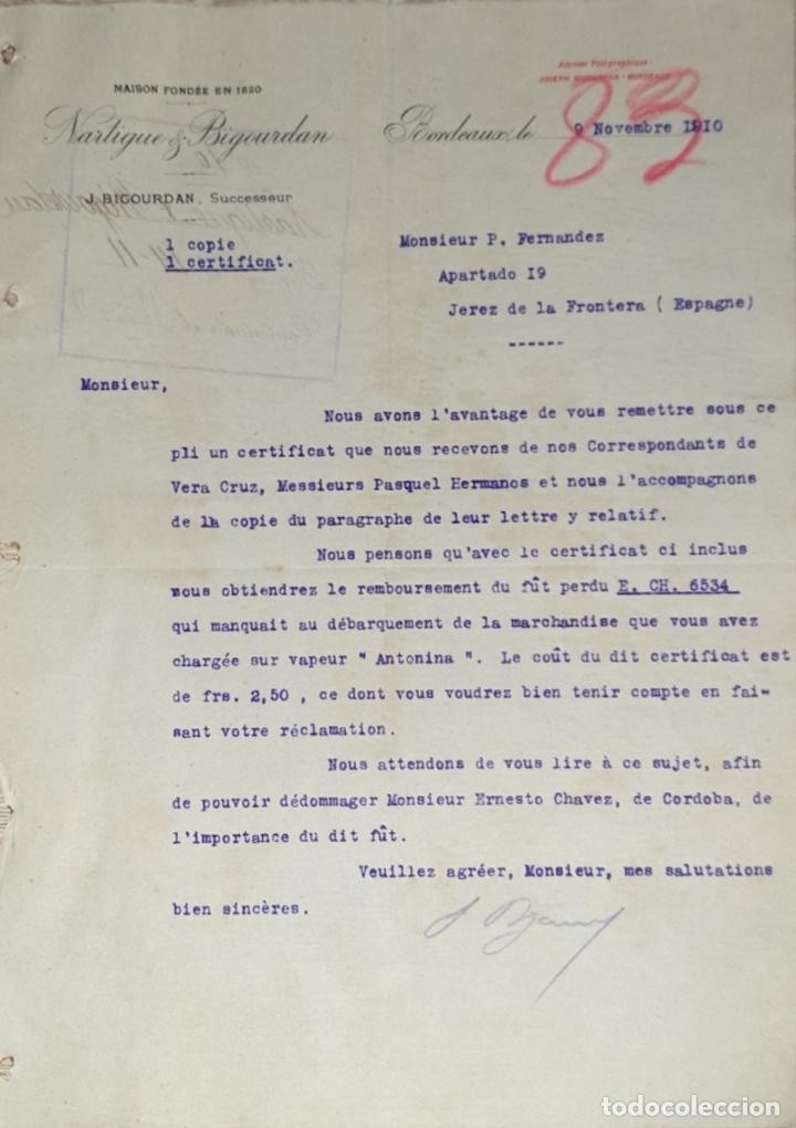Lettres commerciales: Carta comercial. Nartigue & Bigourdan. Bordeaux. Francia 1910
