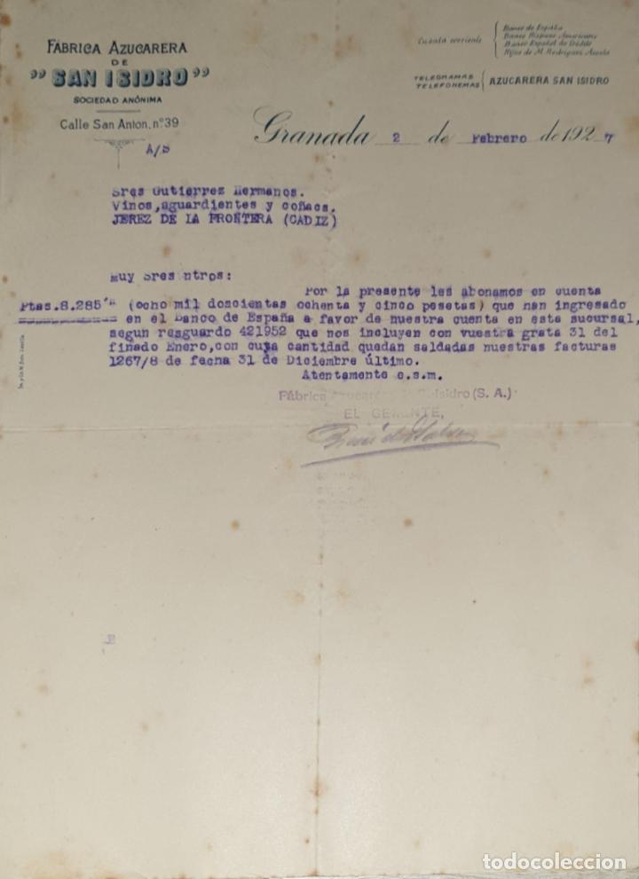 Lettres commerciales: Carta comercial. San Isidro. F&aacute;brica Azucarera. Granada. Espa&ntilde;a 1927