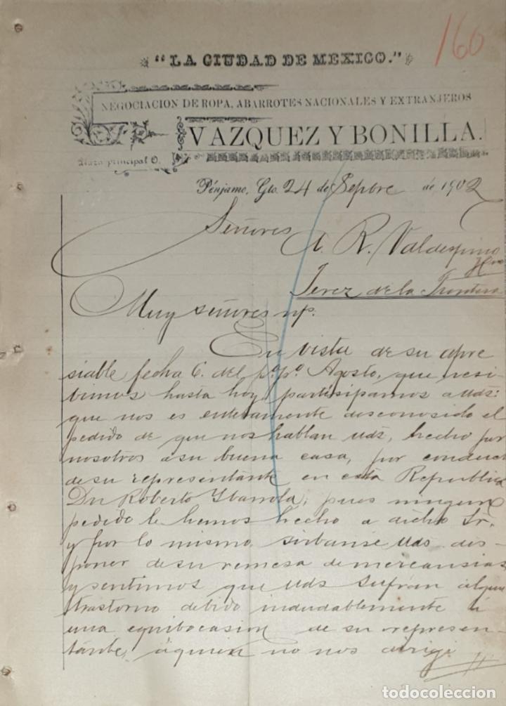 Lettres commerciales: Carta comercial. Vazquez y Bonilla. La Ciudad de M&eacute;xico. Abarrotes. P&eacute;njamo. M&eacute;xico 1902