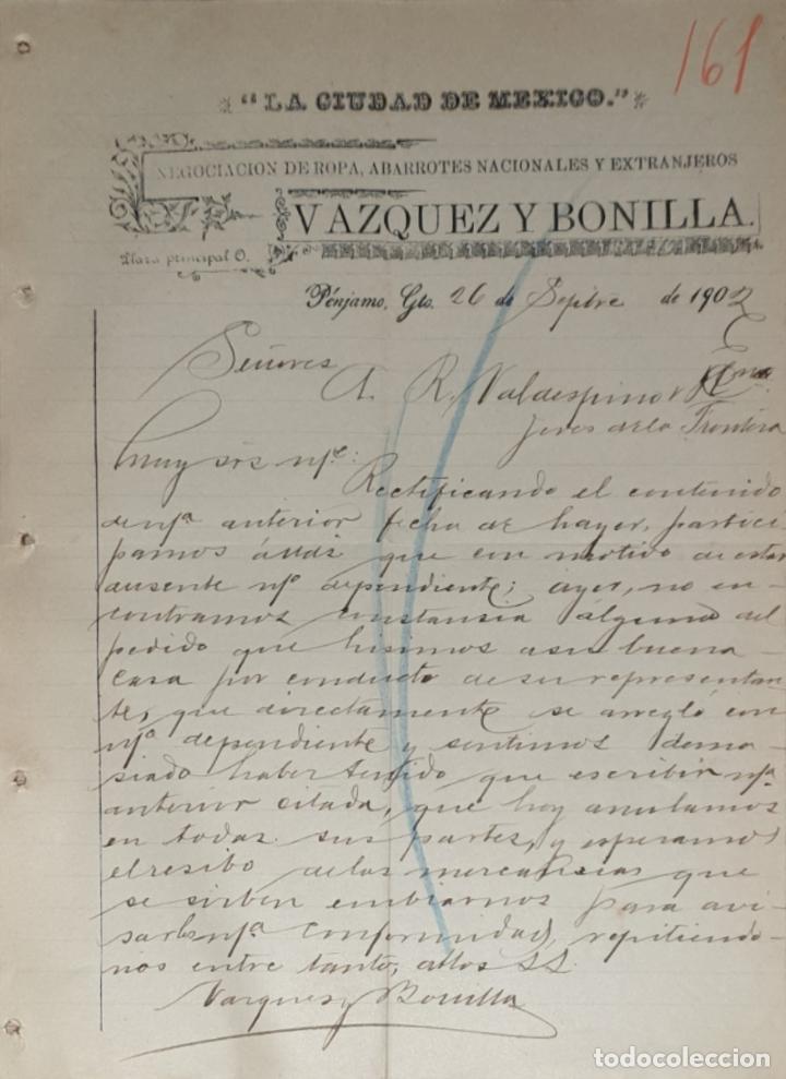 Lettres commerciales: Carta comercial. V&aacute;zquez y Bonilla. La ciudad de M&eacute;xico. Abarrotes. P&eacute;njamo. M&eacute;xico 1902
