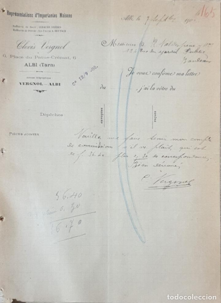 Lettres commerciales: Carta comercial. Clovis Vergnol. Representations d&acute;Importantes Maisons. Alb&iacute;. Francia 1902