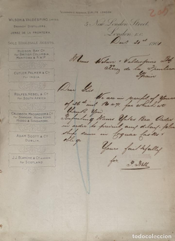 Lettres commerciales: Carta comercial. Wilson & Valdespino limited. Brandy Distillers. Jerez. Espa&ntilde;a 1901