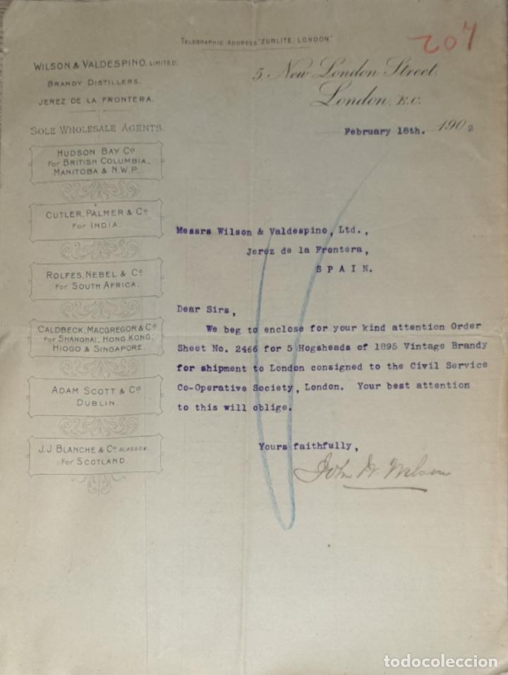 Lettres commerciales: Carta comercial. Wilson & Valdespino limited. Brandy Distillers. London 1902
