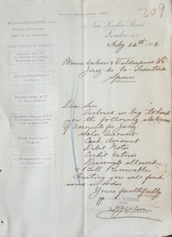 Lettres commerciales: Carta comercial. Wilson & Valdespino limited. Brandy Distillers. London 1902