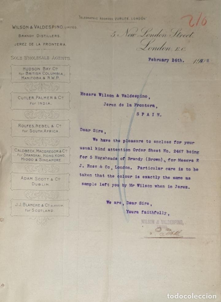 Lettres commerciales: Carta comercial. Wilson & Valdespino limited. Brandy Distillers. London 1902