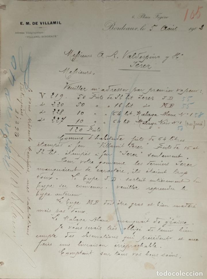 Lettres commerciales: Carta comercial. E.M. de Villamil. Bordeaux. Francia 1902