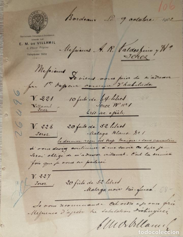 Lettres commerciales: Carta comercial. E.M. de Villamil. Bordeaux. Francia 1902