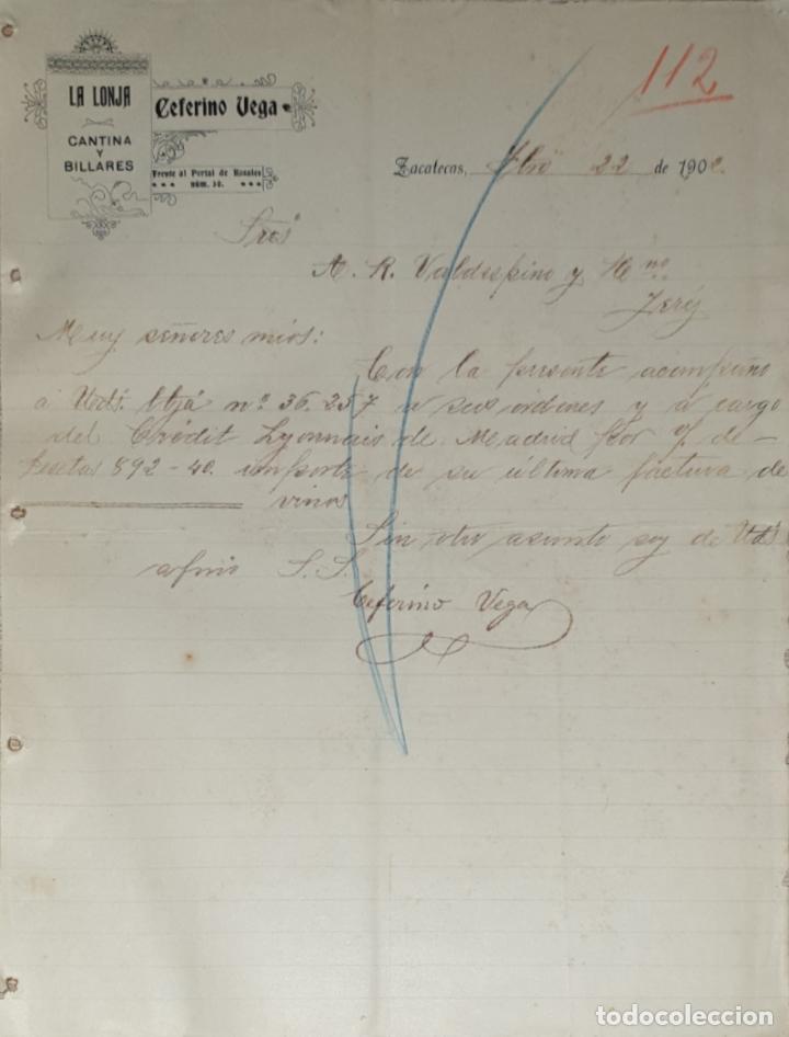 Lettres commerciales: Carta comercial. Ceferino Vega. La Lonja. Cantina y billares. Zacotecas. M&eacute;xico 1902