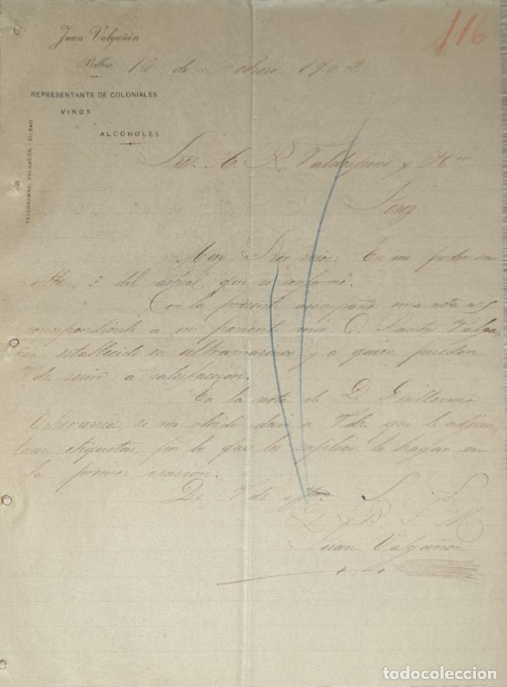 Lettres commerciales: Carta comercial. Juan Valga&ntilde;on. Comisionista. Bilbao. Espa&ntilde;a 1902