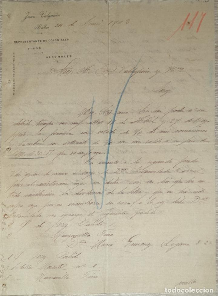 Lettres commerciales: Carta comercial. Juan Valga&ntilde;&oacute;n. Representante de Coloniales. Vinos. Bilbao. Espa&ntilde;a 1902