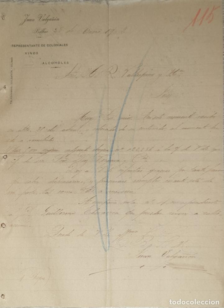 Lettres commerciales: Carta comercial. Juan Valga&ntilde;&oacute;n. Representante de coloniales. vinos. Bilbao. Espa&ntilde;a 1902