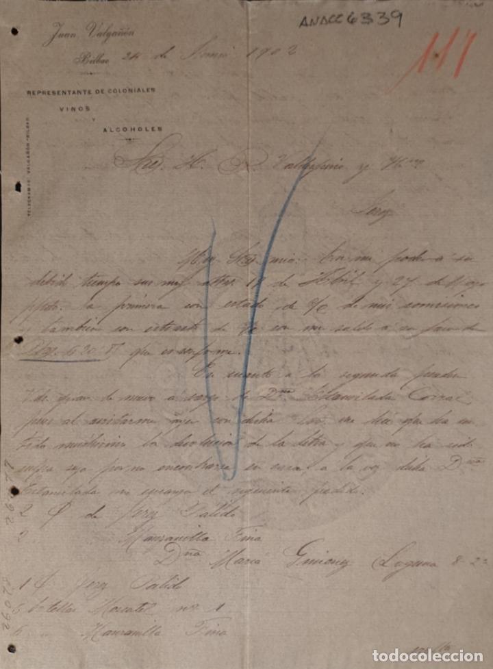 Lettres commerciales: Carta comercial. Juan Valga&ntilde;&oacute;n. Representante de coloniales. Vinos y Alcoholes. Bilbao.Espa&ntilde;a 1902