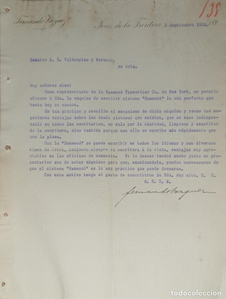 Lettres commerciales: Carta comercial. Fernando V&aacute;zquez. Jerez de la Frontera. Espa&ntilde;a 1902