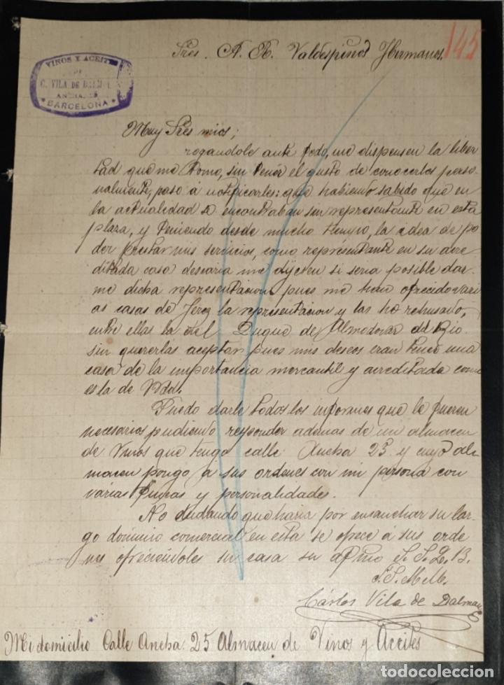 Lettres commerciales: Carta comercial. C. Vila de Dalman. vinos y aceites. Barcelona. Espa&ntilde;a 1902
