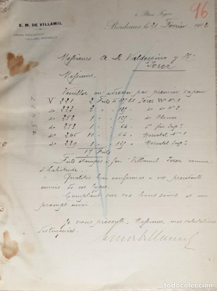 Lettres commerciales: Carta comercial. E.M de Villamil. Bordeaux. Francia 1902