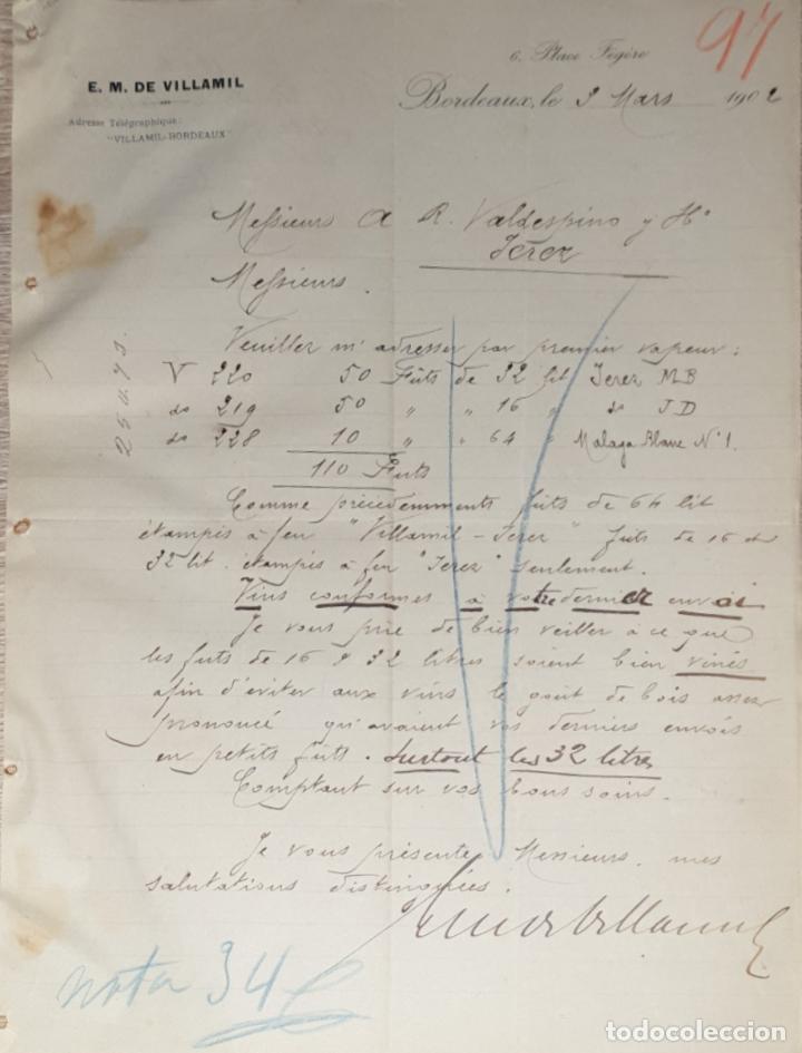 Lettres commerciales: Carta comercial. E.M de Villamil. Bordeaux. Francia 1902