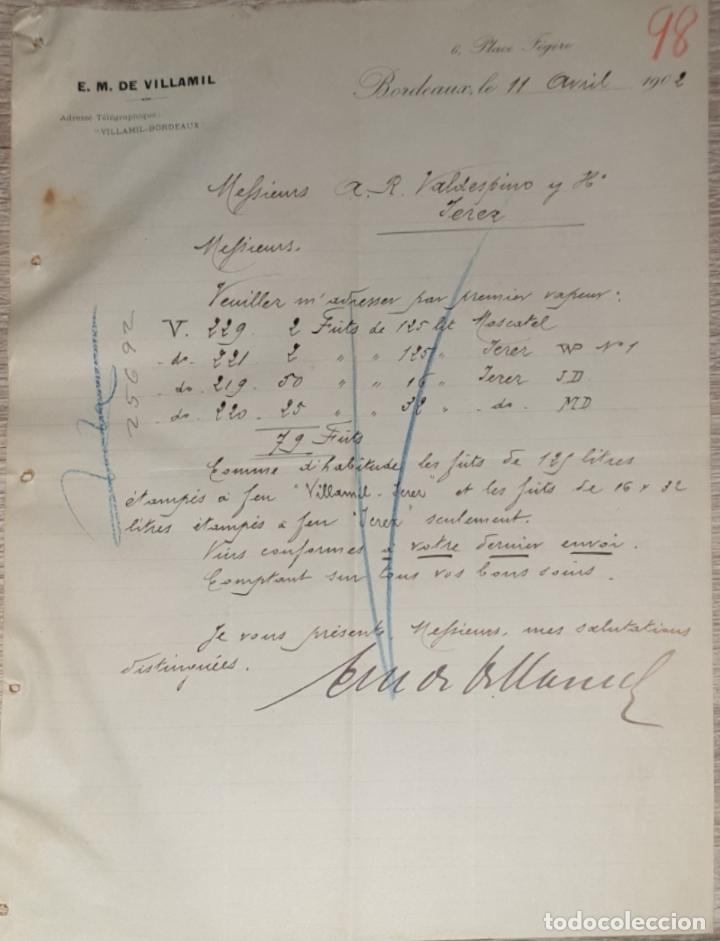 Lettres commerciales: Carta comercial. E.M de Villamil. Bordeaux. Francia 1902