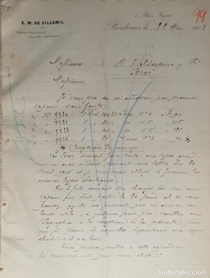 Lettres commerciales: Carta comercial. E.M. de Villamil. Bordeaux. Francia 1902