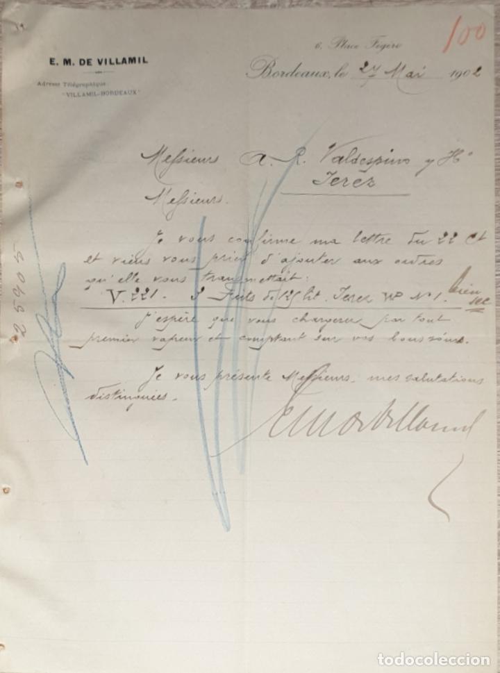 Lettres commerciales: Carta comercial. E.M. de Villamil. Bordeaux. Francia 1902