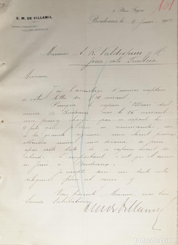 Lettres commerciales: Carta comercial. E.M. de Villamil. Bordeaux. Francia 1902