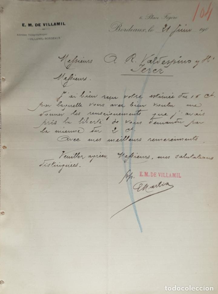Lettres commerciales: Carta comercial. E.M. de Villamil. Bordeaux. Francia 1902