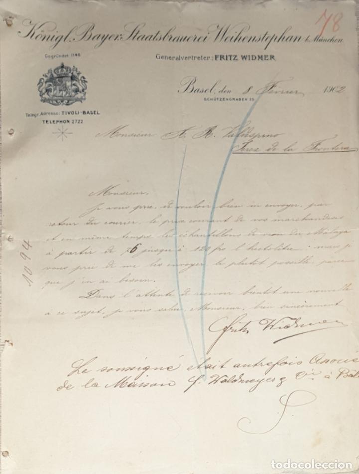 Lettres commerciales: Carta comercial. Konigl Bayer Staatsbrauerei Weihenstephan. Basel. Suiza 1902