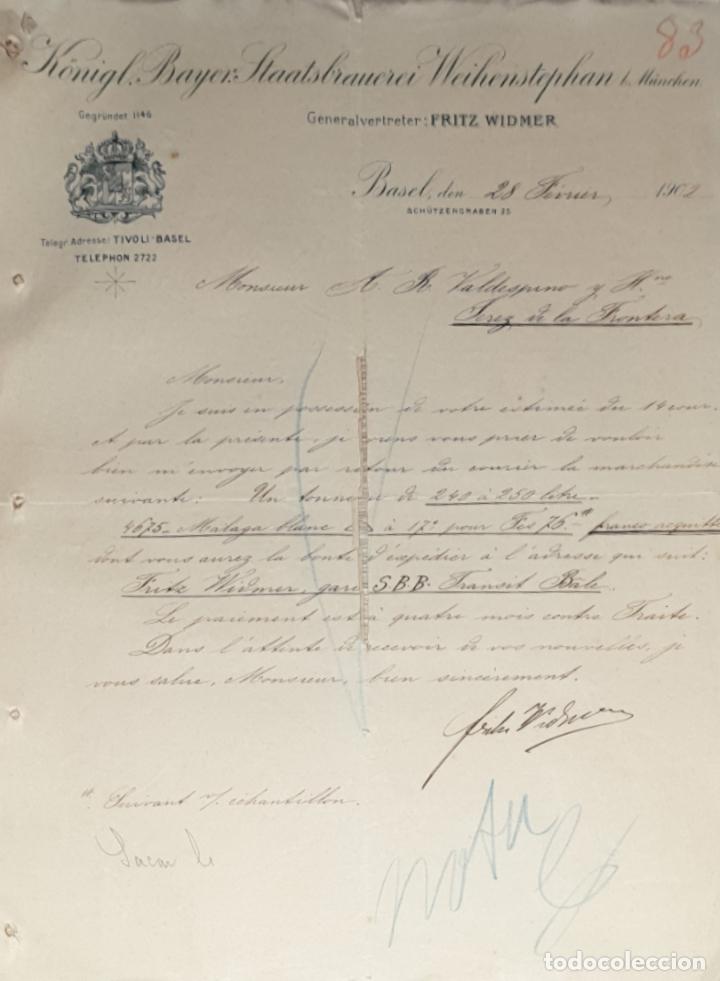 Lettres commerciales: Carta comercial. Konigl Bayer Staatsbrauerei Weihenstephan. Basel. Suiza 1902