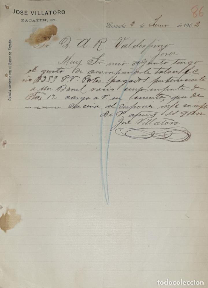 Lettres commerciales: Carta comercial. Jos&eacute; Villatoro. Granada. Espa&ntilde;a 1902