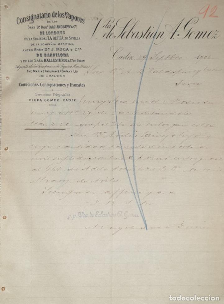 Lettres commerciales: Carta comercial. Vda. de Sebasti&aacute;n A. Gomez. Consignatario de los vapores. C&aacute;diz. Espa&ntilde;a 1902