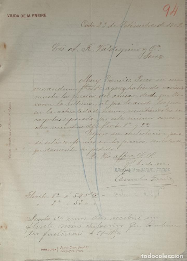 Lettres commerciales: Carta comercial. Viuda de M. Freire. C&aacute;diz. Espa&ntilde;a 1902