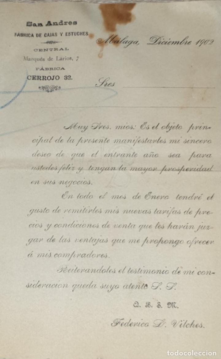 Lettres commerciales: Carta comercial. San Andr&eacute;s. F&aacute;brica de cajas y estuches. M&aacute;laga. Espa&ntilde;a 1902