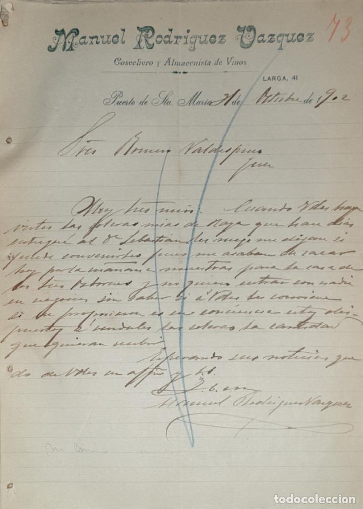 Lettres commerciales: Carta comercial.Manuel Rodriguez Vazquez.Cosechero- Almacenista de vinos. Pto. Sta Mar&iacute;a.Espa&ntilde;a 1902
