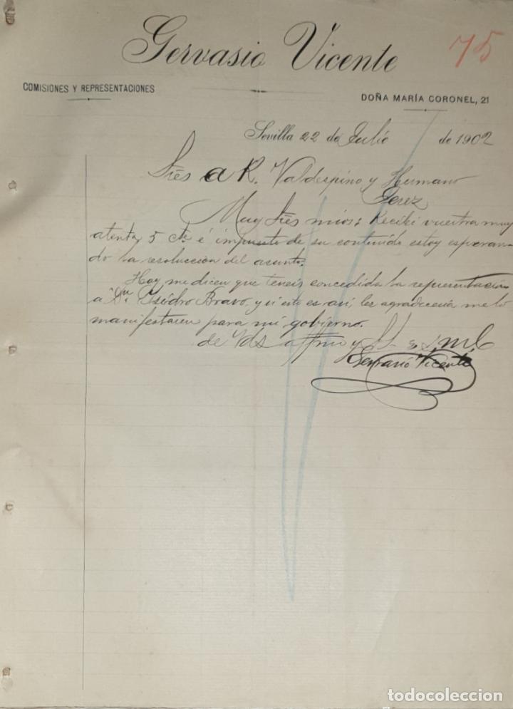 Lettres commerciales: carta comercial. Gervasio Vicente. Comisiones y Representaciones. Sevilla. Espa&ntilde;a 1902