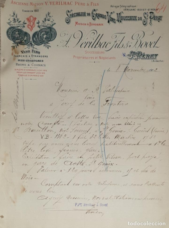 Lettres commerciales: Carta comercial. A. V&eacute;rilbac Fils & Bovet. Vins Fins. Francia 1902