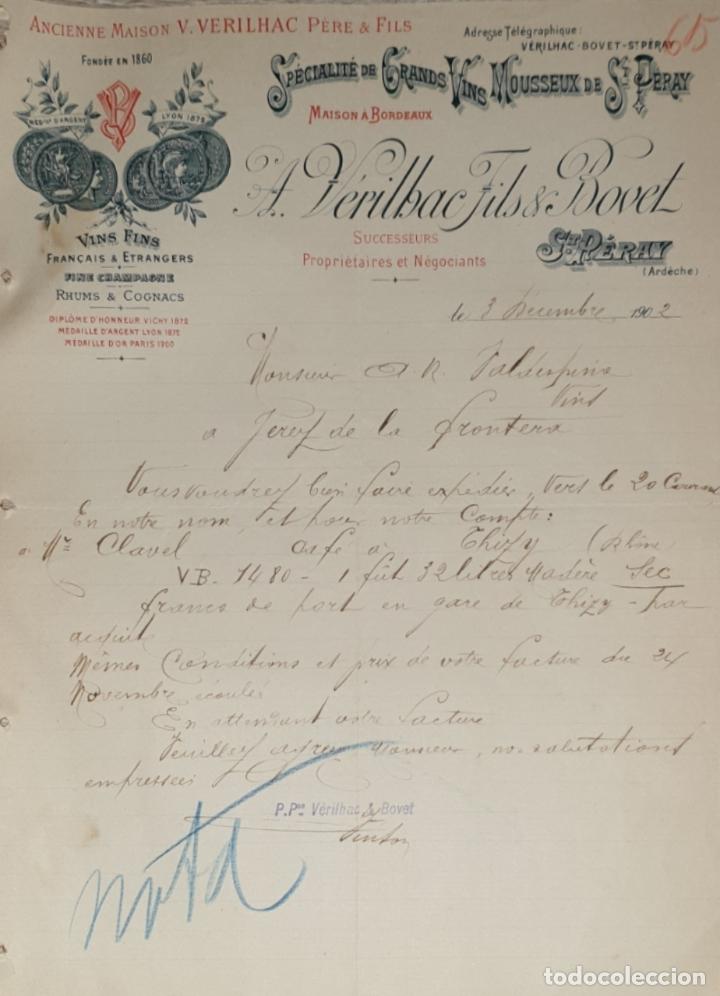 Lettres commerciales: Carta comercial. A. V&eacute;rilbac Fils & Bovet. Vins Fins. Francia 1902