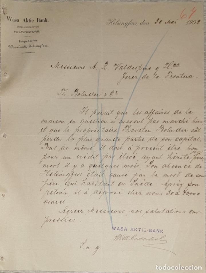 Lettres commerciales: Carta comercial. Wasa Aktie Bank. Helsingfors. Finlandia 1902