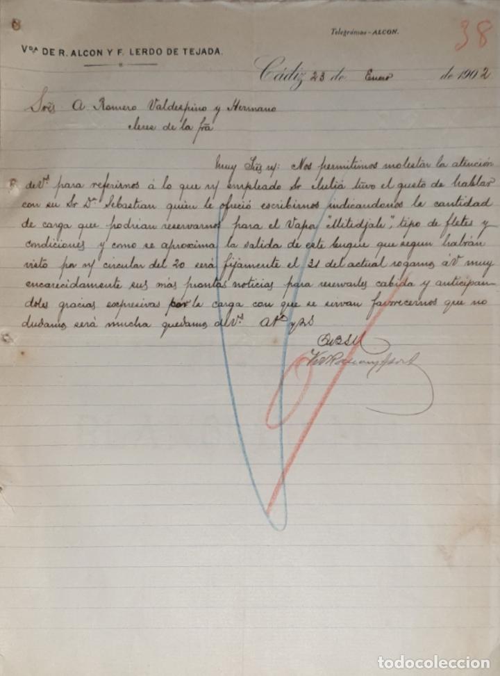 Lettres commerciales: Carta comercial. Vda. de R. Alcon y F. Lerdo de Tejada. C&aacute;diz. Espa&ntilde;a 1902