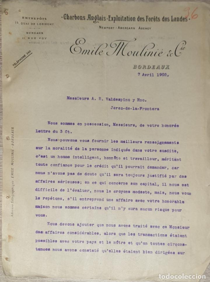 Lettres commerciales: Carta comercial. Emile Moulini&eacute; & C&iacute;e. Entrep&oacute;ts. Bordeaux. Francia 1902