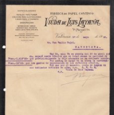 Cartas comerciales: CARTA COMERCIAL DE FABRICA DE PAPEL CONTINUO VIUDA DE LUIS LAYANA EN VALENCIA - 1923