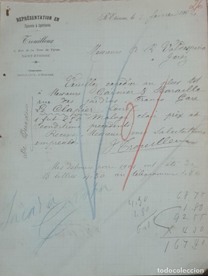 Commercial Letters: Carta comercial. Trouilleux. Repr&eacute;sentation en Epicerie & Spiriueux. Saint Etienne. Francia 1902