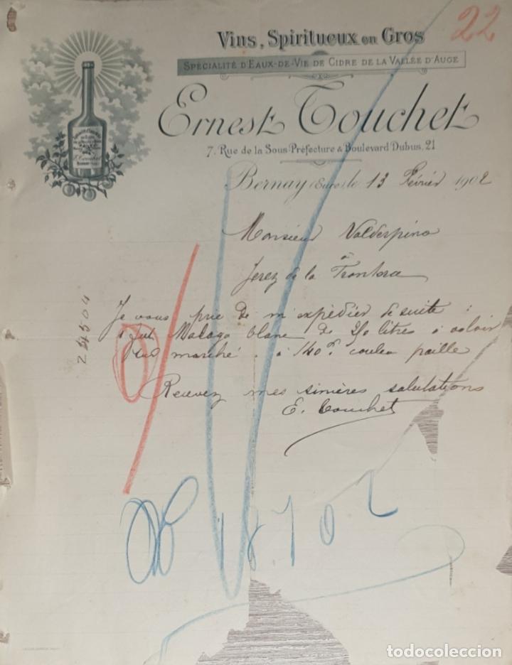 Commercial Letters: Carta comercial. Ernest Touchet. Vins, Spiritueux en Gros. Bernay. Francia 1902