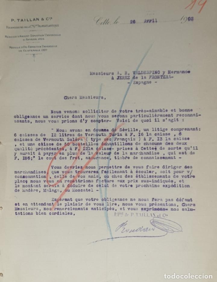Commercial Letters: Carta comercial. P. Taillan & C&iacute;a. Cette. Francia 1902