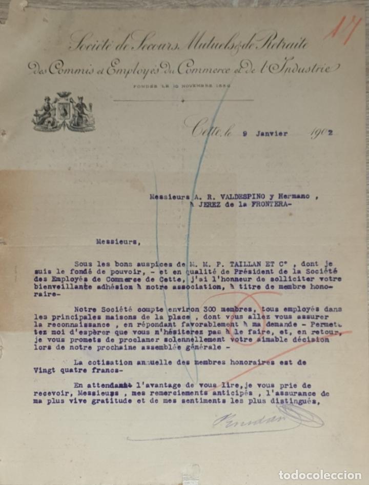 Commercial Letters: Carta comercial.Societ&eacute; deSecours Mutuels &de Retraite des commis el Employ &eacute;s du Commerce.Cette1902