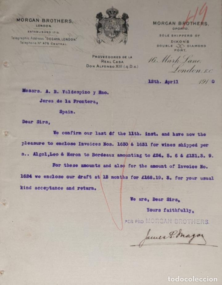 Commercial Letters: Carta comercial. Morgan Brothers. Proveedores de la Casa Real Don Alfonso XIII. London 1910