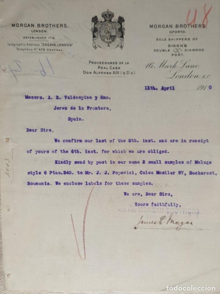 Commercial Letters: Carta comercial. Morgan Brothers. Proveedores de la Casa Real Don Alfonso XIII. London 1910
