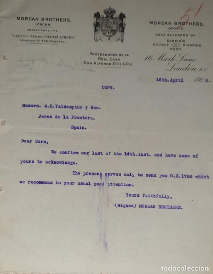 Commercial Letters: Carta comercial. Morgan Brothers. Proveedores de la Casa Real Don Alfonso XIII. London 1910