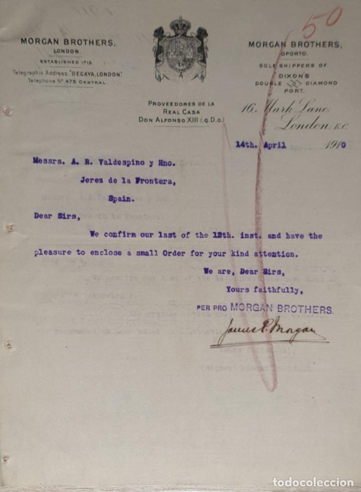 Commercial Letters: Carta comercial. Morgan Brothers. Proveedores de la Casa Real Don Alfonso XIII. London 1910